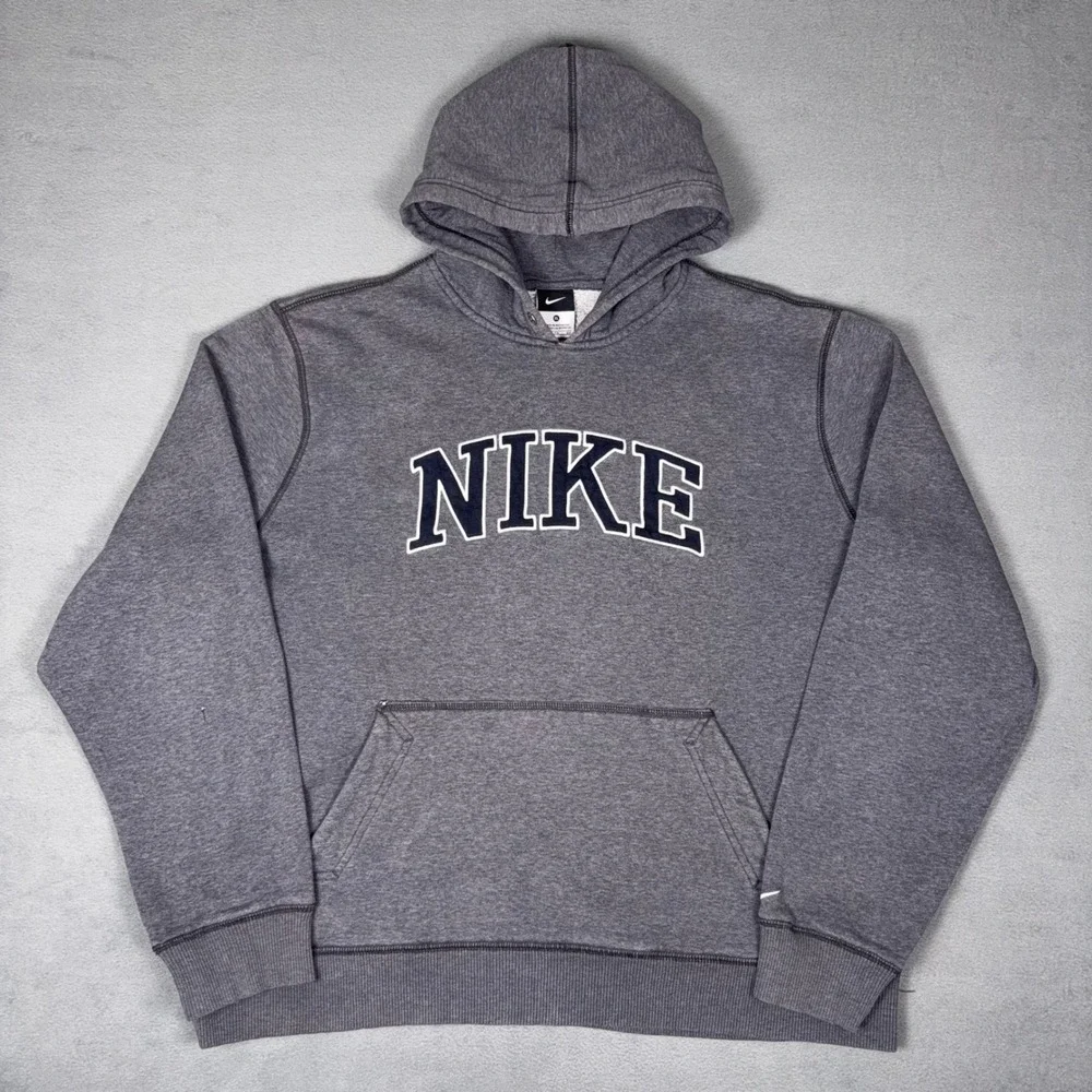 Y2K‎ Nike Spellout Embroidered Arc Logo Hoodie Heather Gray Pullover Mens XL